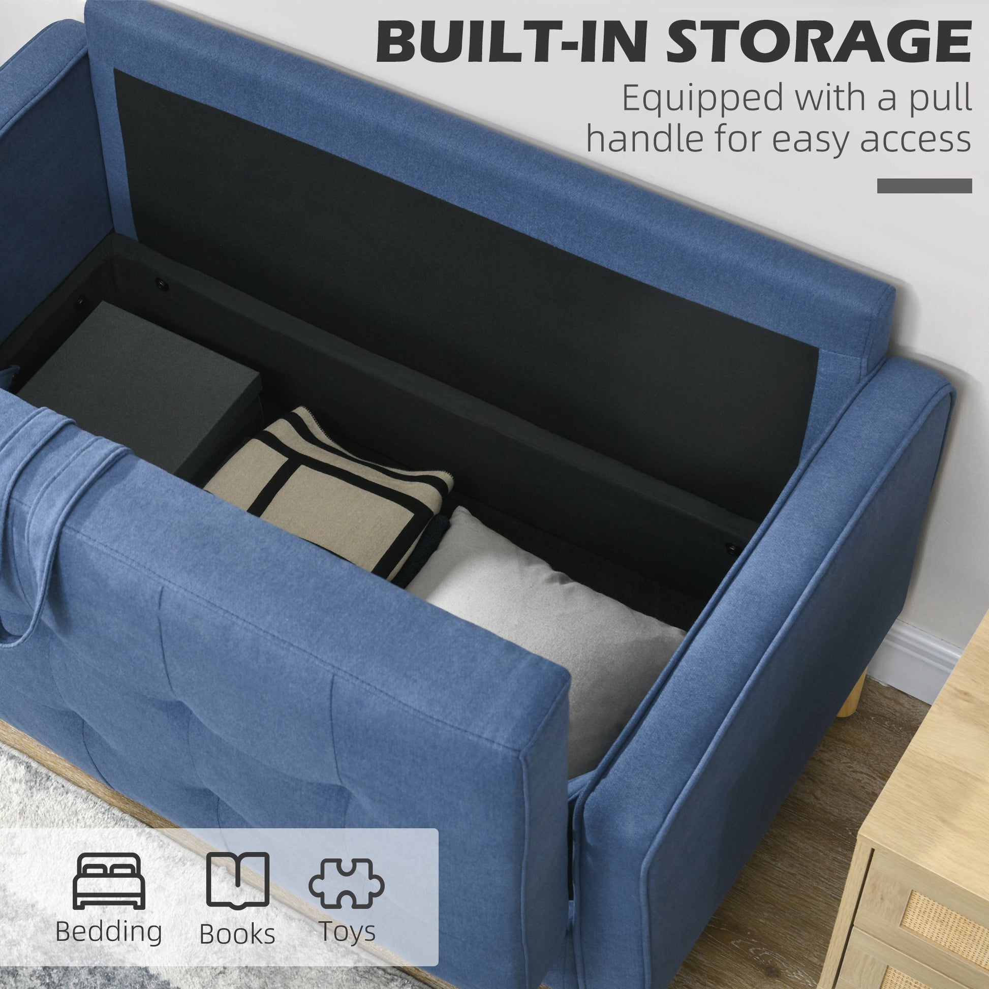 Modern Loveseat Sofa, Compact 2 Seater Sofa with Hidden Storage, 117cm Tufted Cotton Couch with Wood Legs, Blue-3