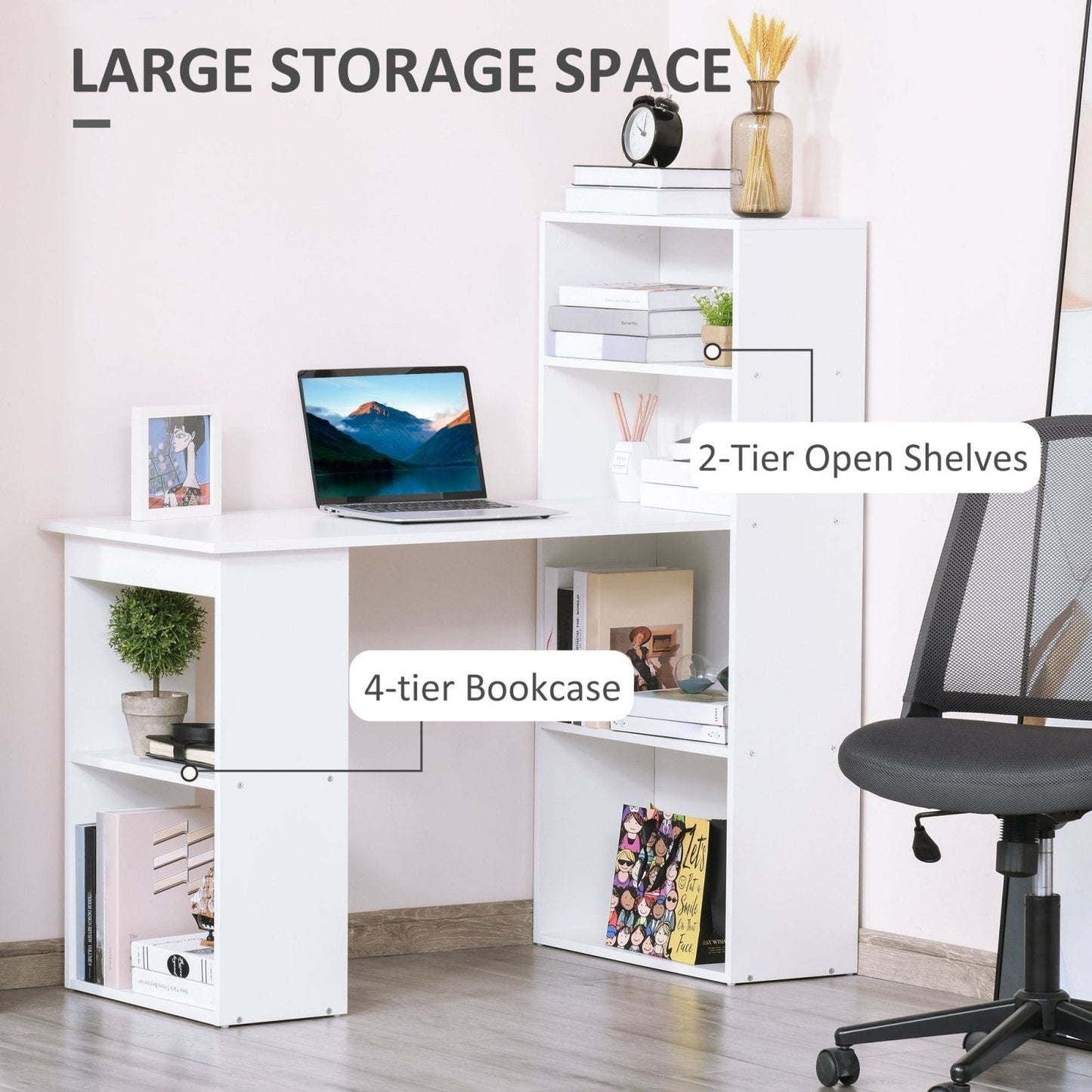 120cm Modern Computer Desk Bookshelf Writing Table Workstation PC Laptop Study Home Office 6 Shelves White-4