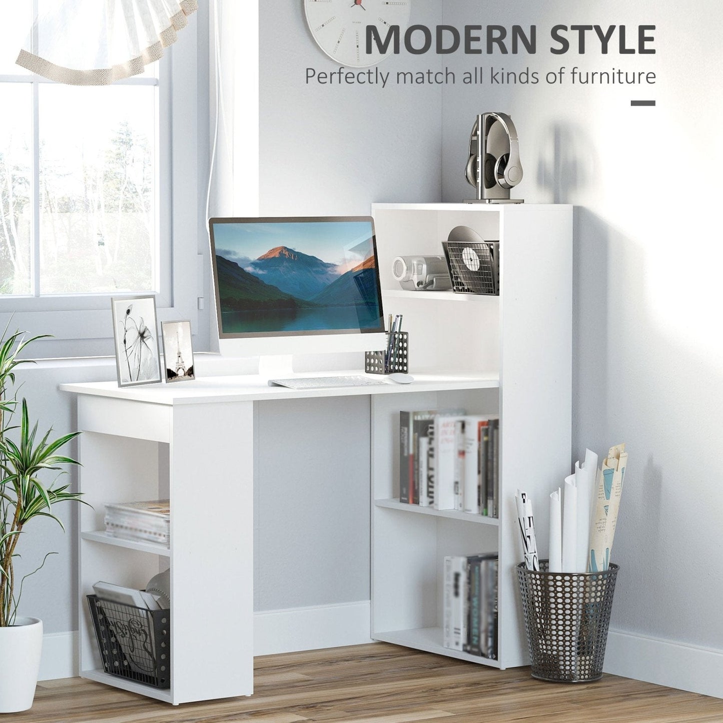 120cm Modern Computer Desk Bookshelf Writing Table Workstation PC Laptop Study Home Office 6 Shelves White-3