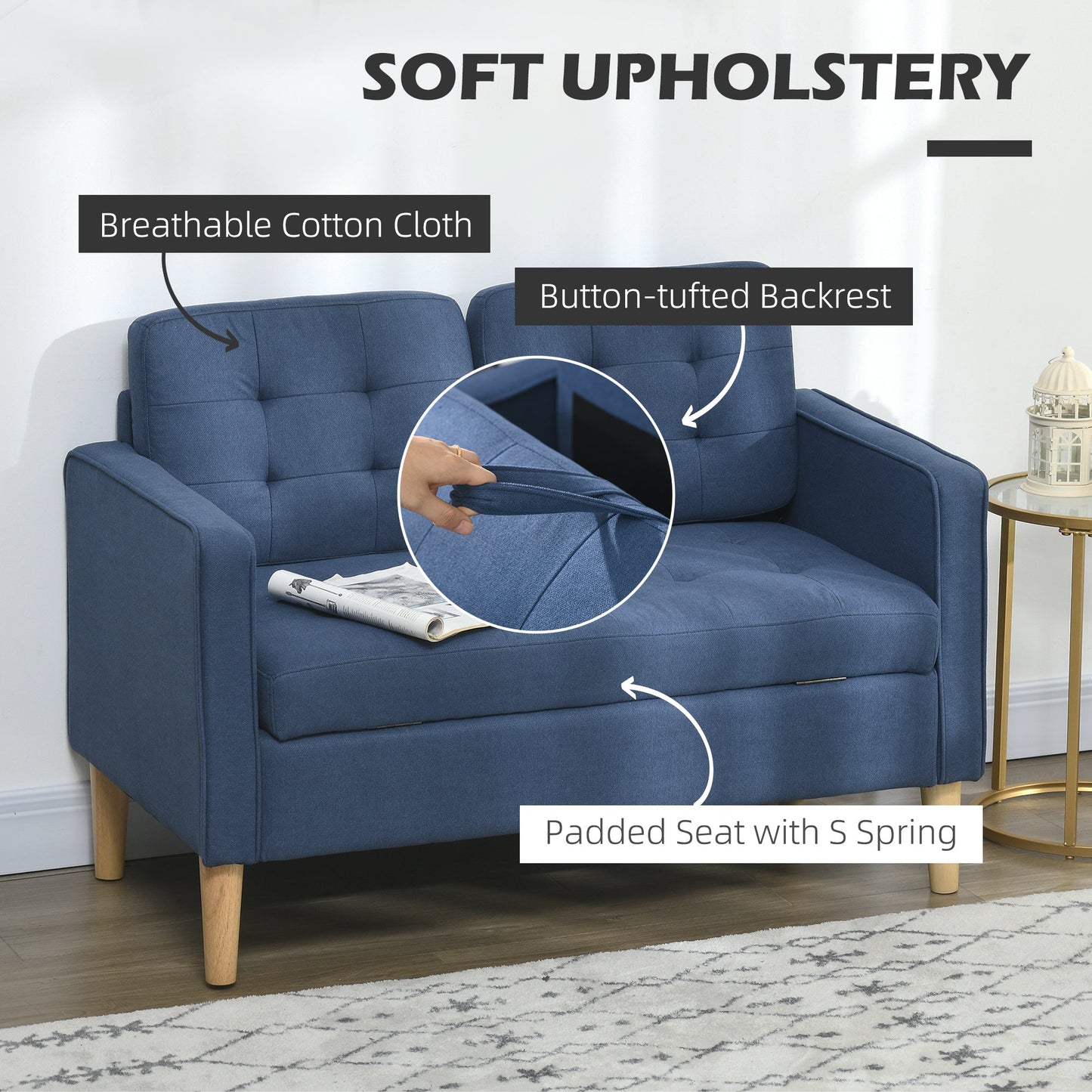 Modern Loveseat Sofa, Compact 2 Seater Sofa with Hidden Storage, 117cm Tufted Cotton Couch with Wood Legs, Blue-4