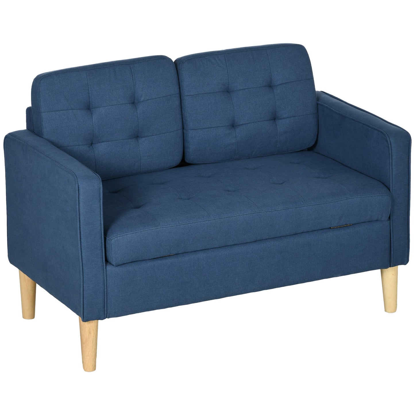 Modern Loveseat Sofa, Compact 2 Seater Sofa with Hidden Storage, 117cm Tufted Cotton Couch with Wood Legs, Blue-0