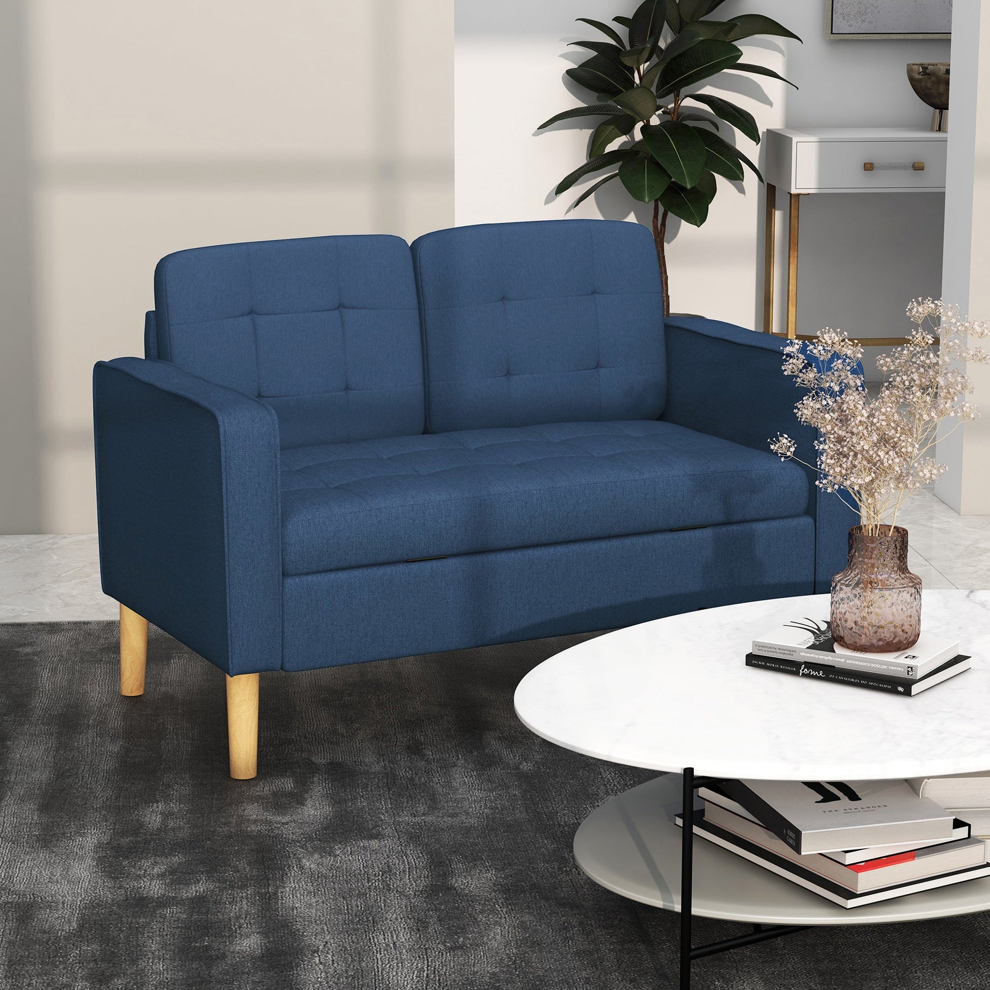 Modern Loveseat Sofa, Compact 2 Seater Sofa with Hidden Storage, 117cm Tufted Cotton Couch with Wood Legs, Blue-1