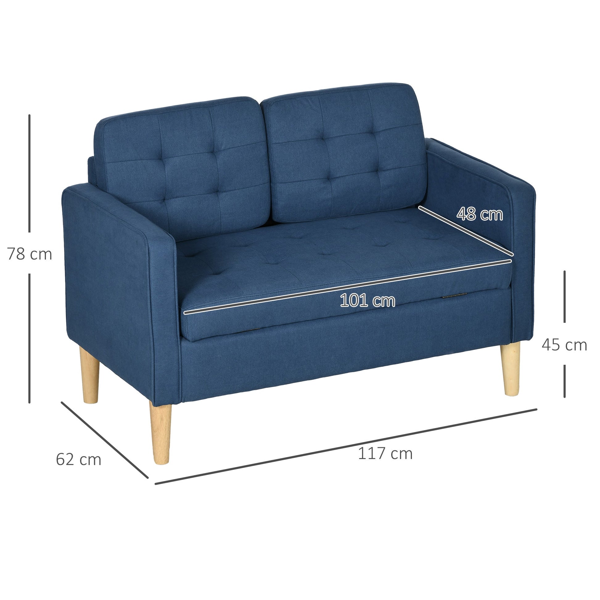 Modern Loveseat Sofa, Compact 2 Seater Sofa with Hidden Storage, 117cm Tufted Cotton Couch with Wood Legs, Blue-2
